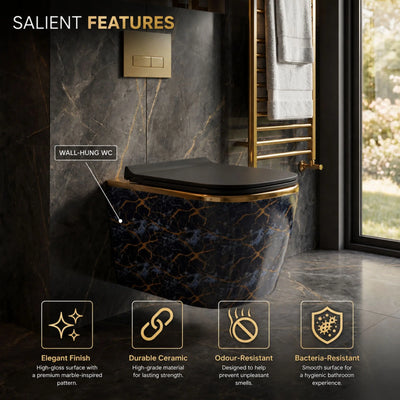 Wall-hung toilet with marble design in a bathroom setting, featuring salient features.