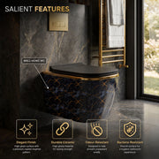 Wall-hung toilet with marble design in a bathroom setting, featuring salient features.