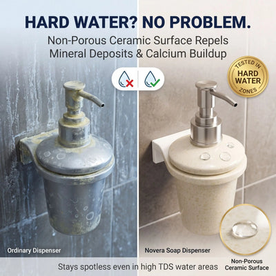 Soap dispenser comparison showing ordinary dispenser with mineral deposits and Novera soap dispenser with non-porous ceramic surface.