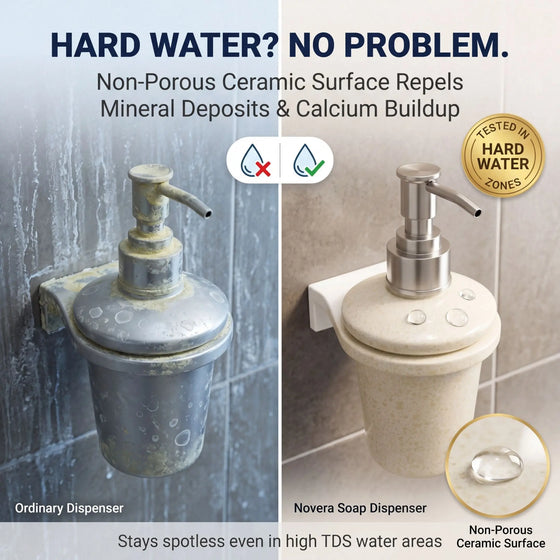 Soap dispenser comparison showing ordinary dispenser with mineral deposits and Novera soap dispenser with non-porous ceramic surface.