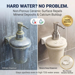 Soap dispenser comparison showing ordinary dispenser with mineral deposits and Novera soap dispenser with non-porous ceramic surface.