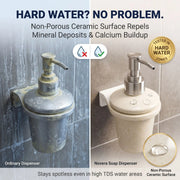 Soap dispenser comparison showing ordinary dispenser with mineral deposits and Novera soap dispenser with non-porous ceramic surface.