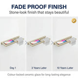 Product display showing fade resistance over time with text 'Fade Proof Finish' and 'Stone-look finish that stays beautiful'.
