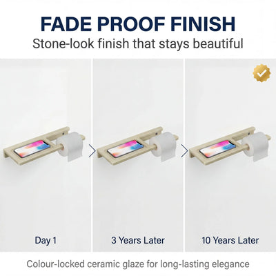 Product display showing fade resistance over time with text 'Fade Proof Finish' and 'Stone-look finish that stays beautiful'.