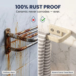 Comparison of an ordinary rusted towel rack and a Novera Cerva towel rack on a marble wall.