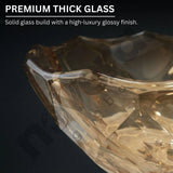 Close-up of a premium thick glass object with text describing its features.