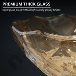 Close-up of a premium thick glass object with text describing its features.
