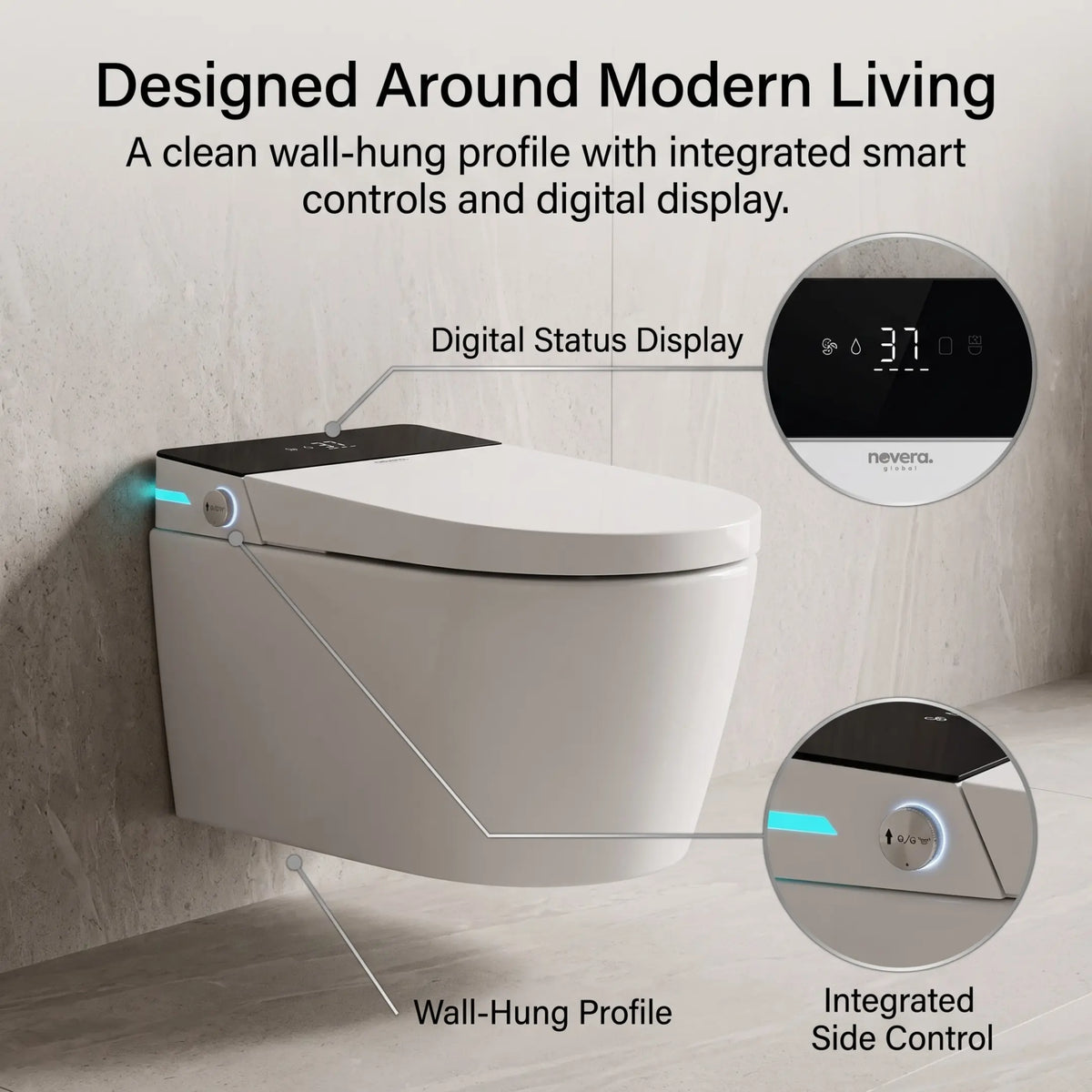 Novera Global Smart Wall Hung Toilet | 4-Way Smart Control Western Commode, Remote & Side Knob Control, Wireless Pad | 5 Year Warranty | Auto Lid, Foot Sensor, Heated Seat, Bidet Wash, Digital Display Novera Global