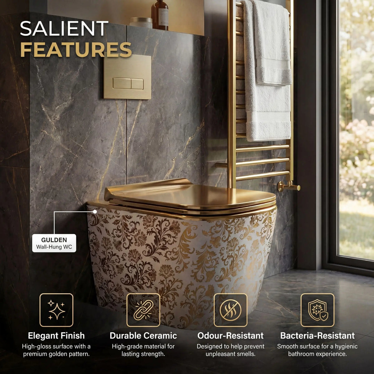 Tokyo Wall Hung Western Toilet | Ceramic Wall Mounted Commode with UF Soft Close Seat (Gold & White) – Novera Global Novera Global