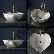 Collage of a decorative sink with artistic patterns on a dark surface