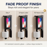 Phone holder with smartphone displaying colorful screen over time on a beige background