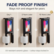 Phone holder with smartphone displaying colorful screen over time on a beige background