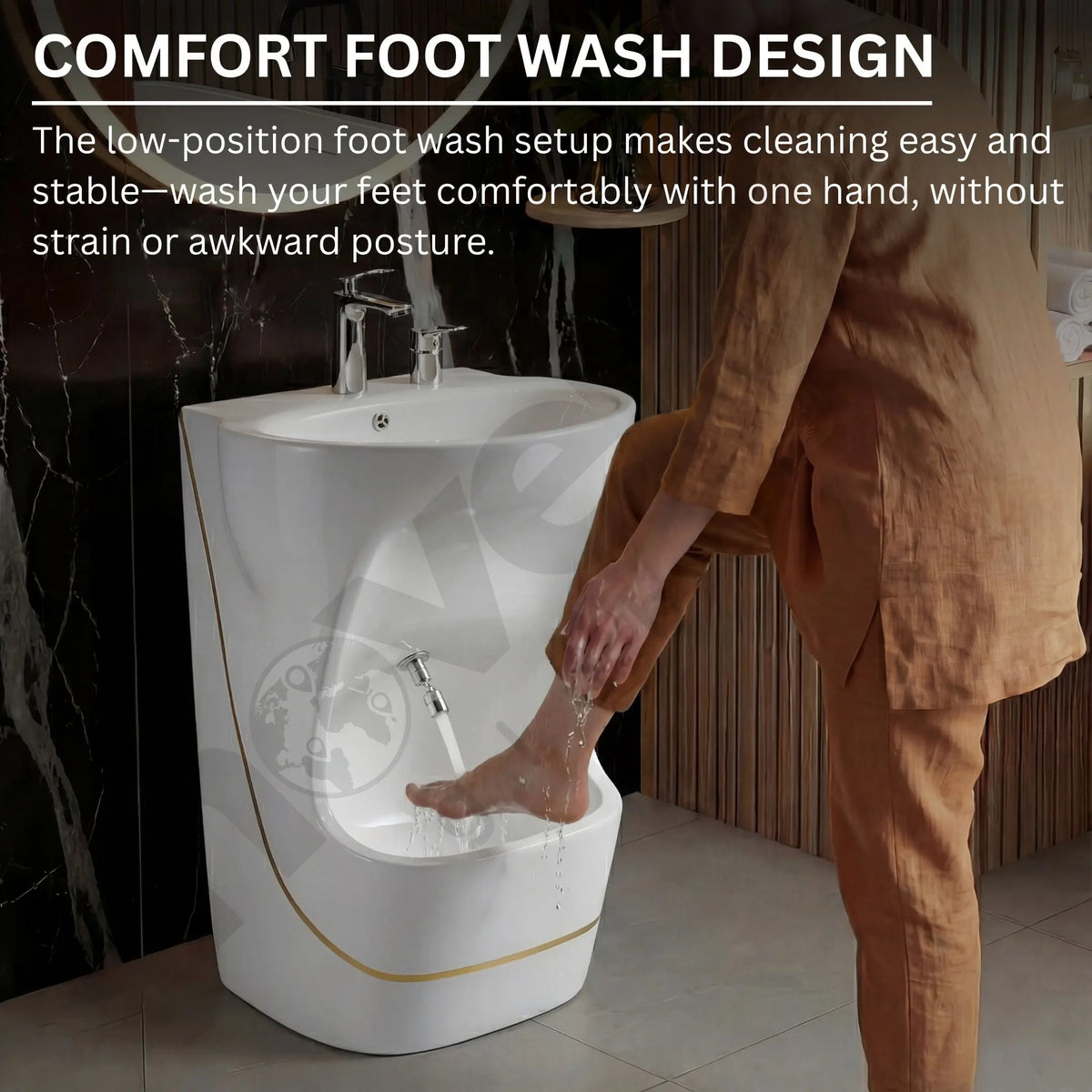 Person using a foot wash design in a bathroom setting