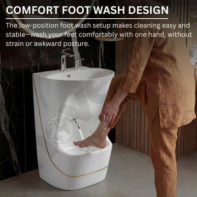 Person using a foot wash design in a bathroom setting