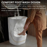 Person using a foot wash design in a bathroom setting