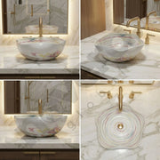 Collage of a decorative sink on a marble countertop with gold fixtures.