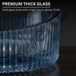 Blue ribbed glass bowl with text highlighting premium thick glass quality.