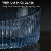 Blue ribbed glass bowl with text highlighting premium thick glass quality.