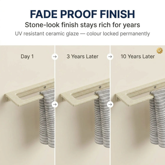 Comparison of a stone-look finish over time with 'Fade Proof Finish' text and product image.