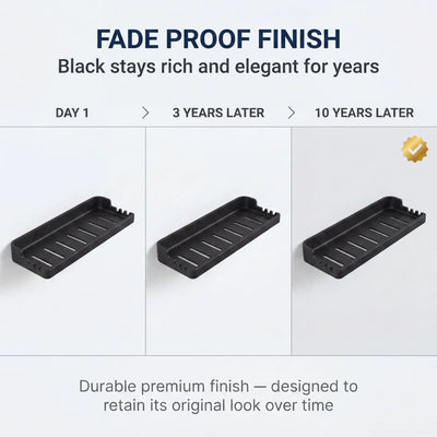 Black shelf with fade proof finish showing durability over time on a white background
