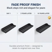 Black shelf with fade proof finish showing durability over time on a white background