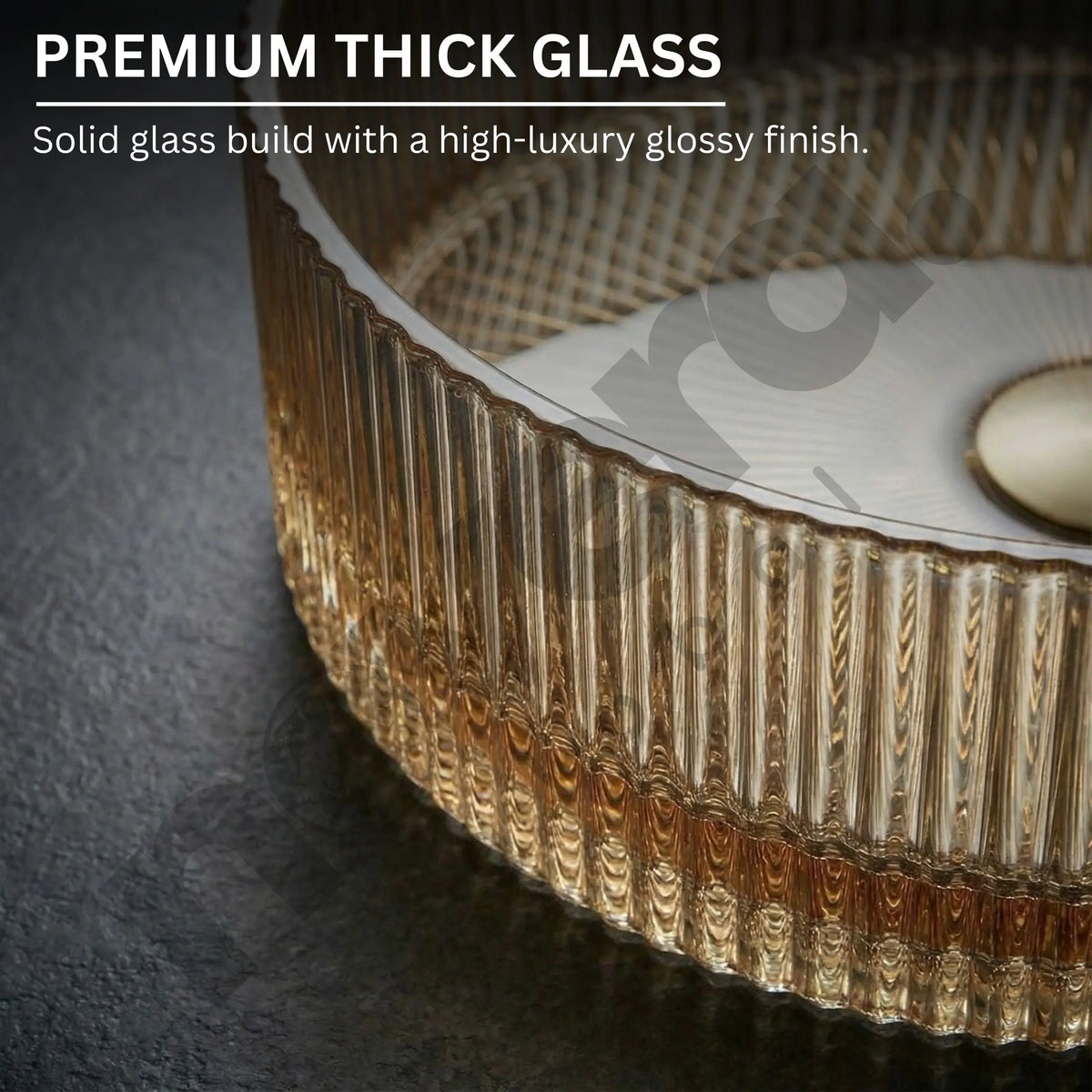 Glass surface with textured edge and text highlighting premium thick glass quality.