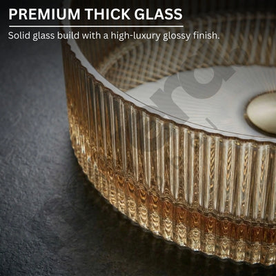 Glass surface with textured edge and text highlighting premium thick glass quality.