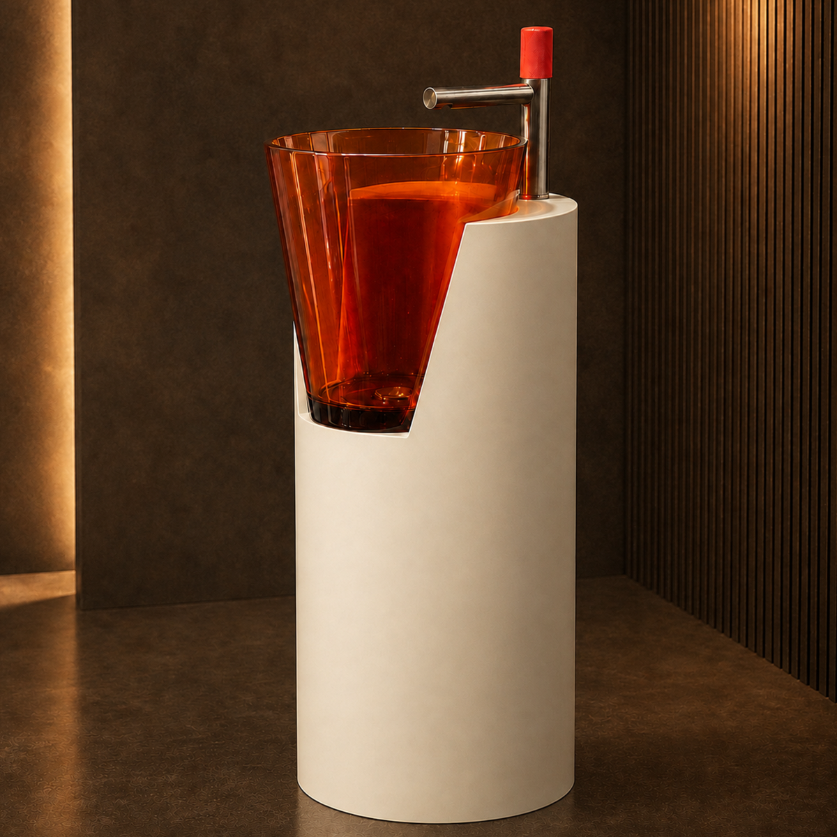 Novera Global Crest Luxury Freestanding Pedestal Wash Basin | 10-Years Warranty | Resin & Solid Surface Floor Standing Designer Bathroom Sink with Translucent Red Bowl | Drainer Included, 400 × 467 × 900 mm