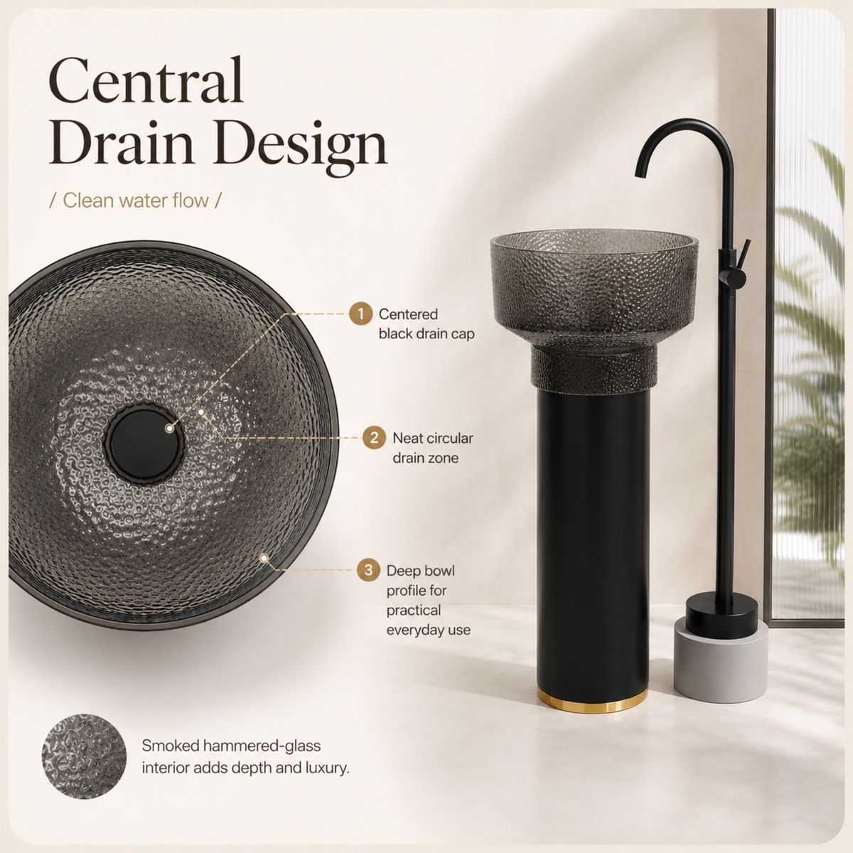 Novera Global Hammer Freestanding Pedestal Wash Basin | Round Smoked Glass Bowl with Matte Black Solid Surface Pedestal & Gold Accent | 10-Years Warranty | Floor Standing Wash Basin | 450 × 450 × 900 mm