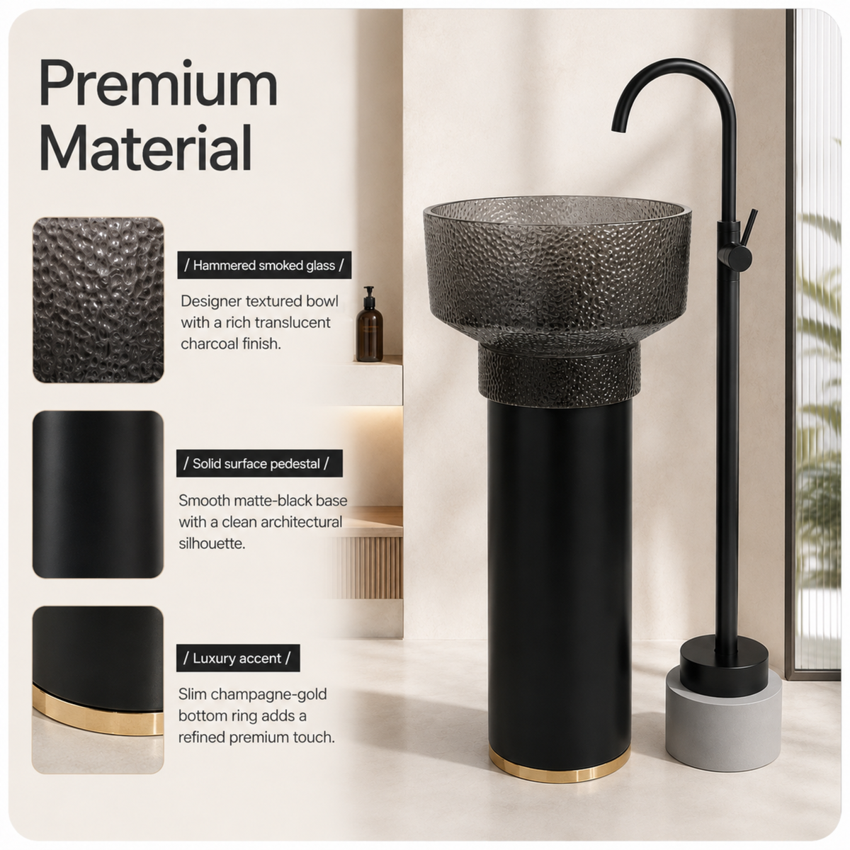 Novera Global Hammer Freestanding Pedestal Wash Basin | Round Smoked Glass Bowl with Matte Black Solid Surface Pedestal & Gold Accent | 10-Years Warranty | Floor Standing Wash Basin | 450 × 450 × 900 mm