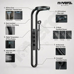 Novera Global Halo Shower Panel System –4-in-1 Waterfall Rainfall Overhead Shower, Thermostatic Mixer with Hot & Cold Dual Knob | 5-Year Warranty | SPA Body Jets, 3-Mode Handheld & Foot-Wash Outlet (Black)