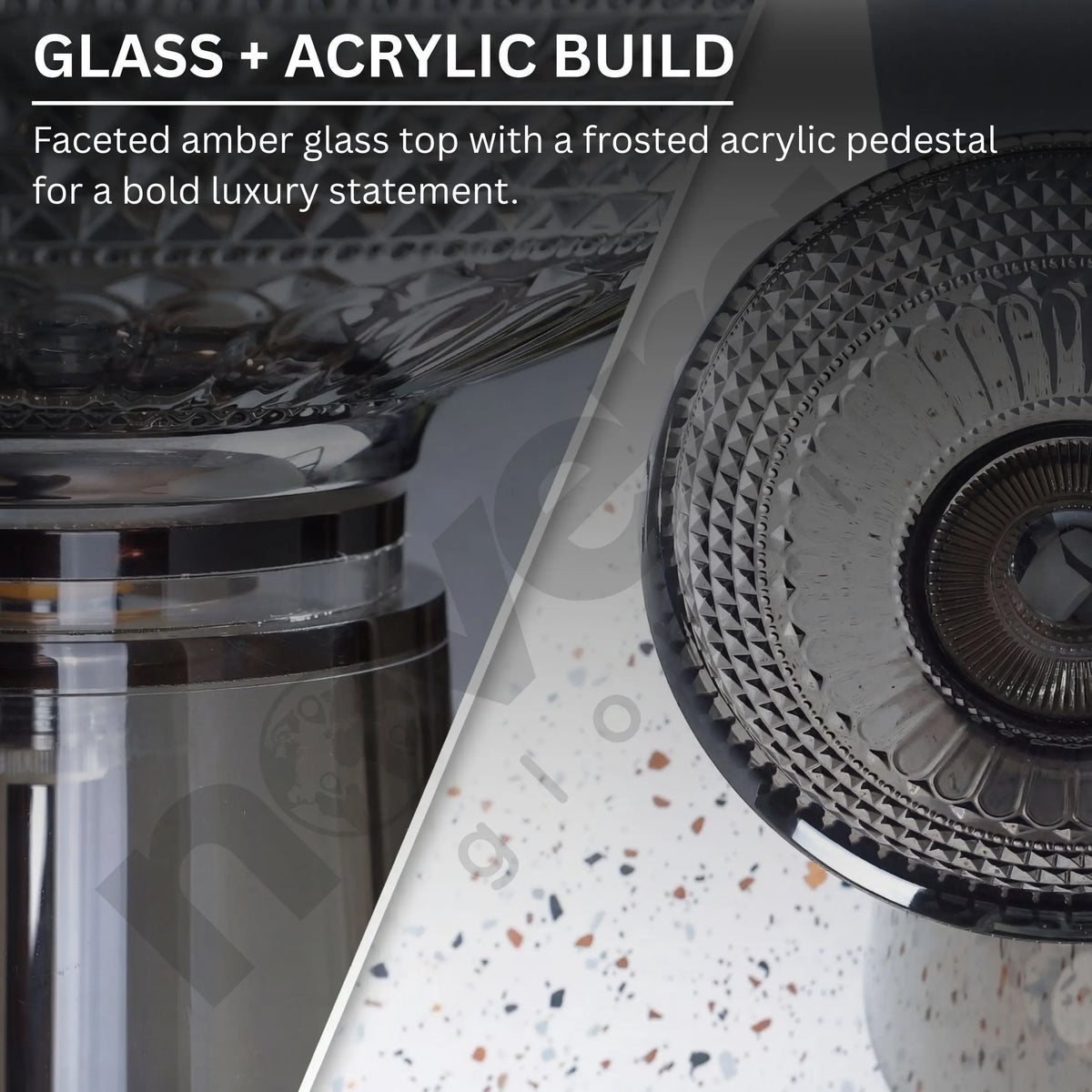 Glass and acrylic product with text describing its design.