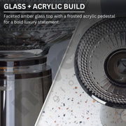 Glass and acrylic product with text describing its design.