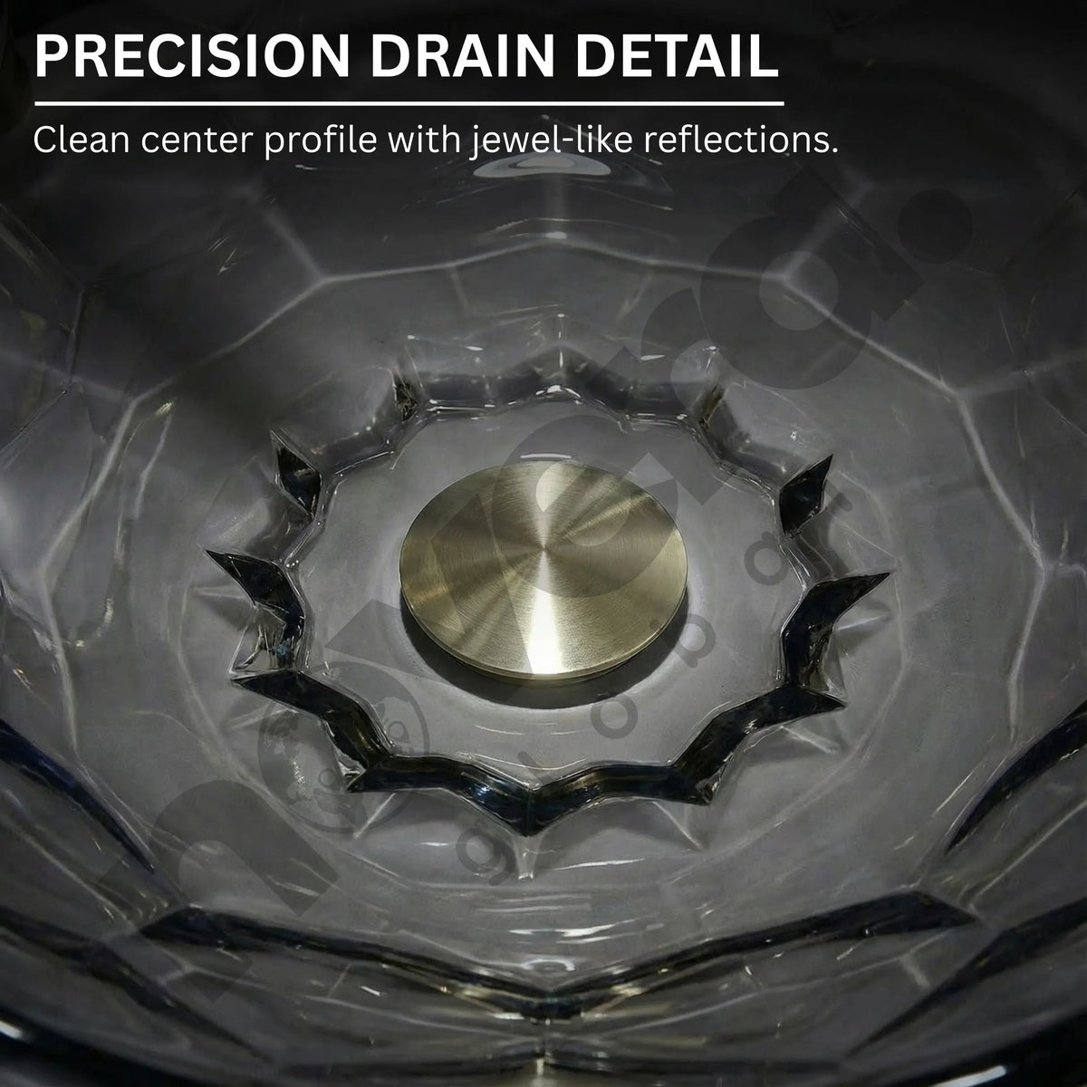 Close-up of a precision drain detail with clear crystal work and metallic center.