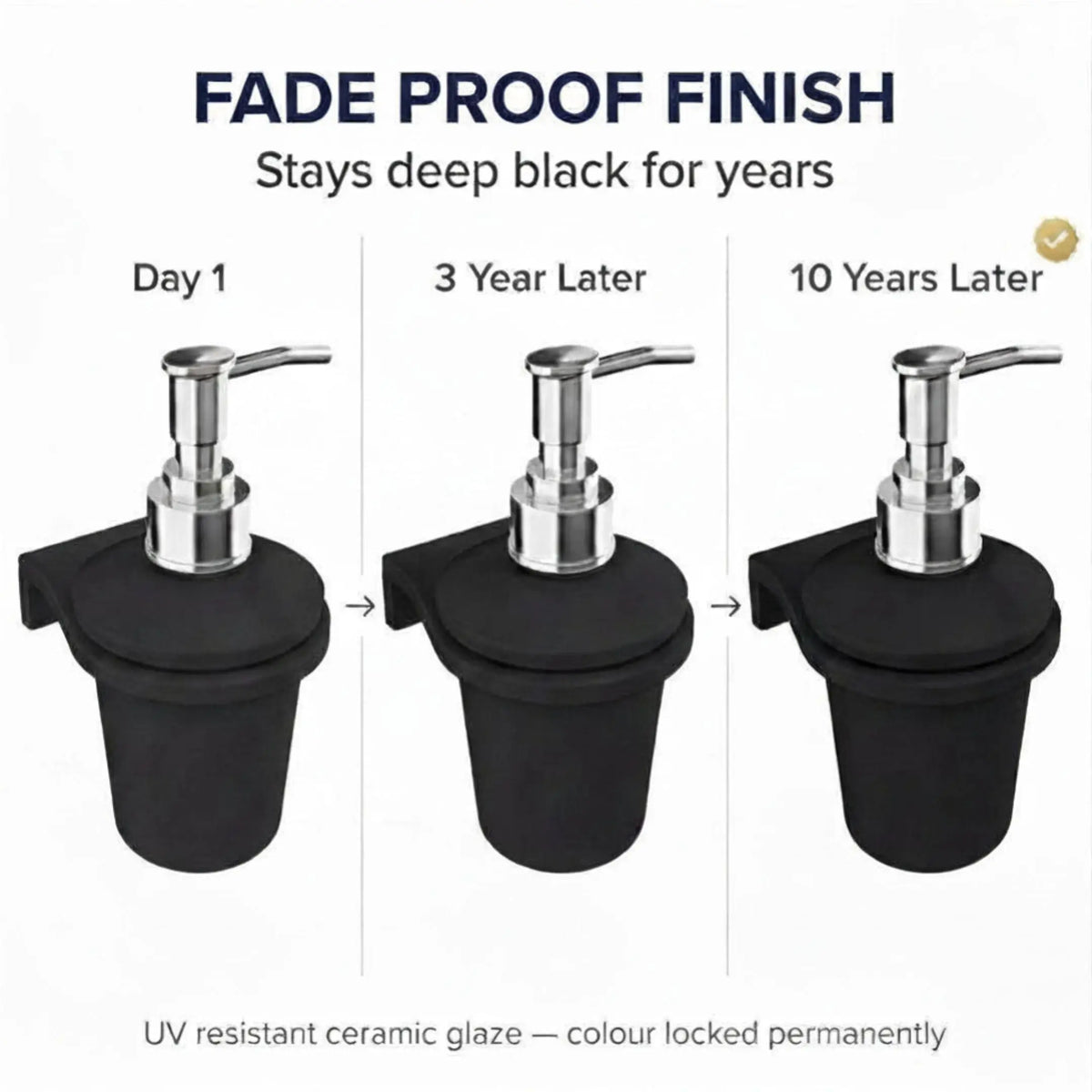 Black soap dispenser with silver pump over time showing fade resistance.