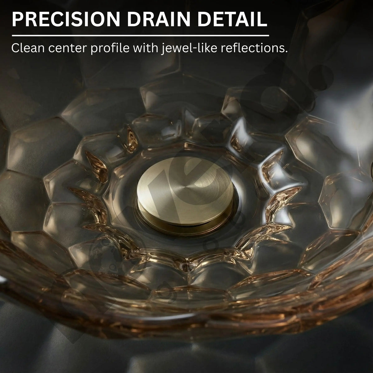 Close-up of a glass bowl with geometric design and reflections on a dark background.