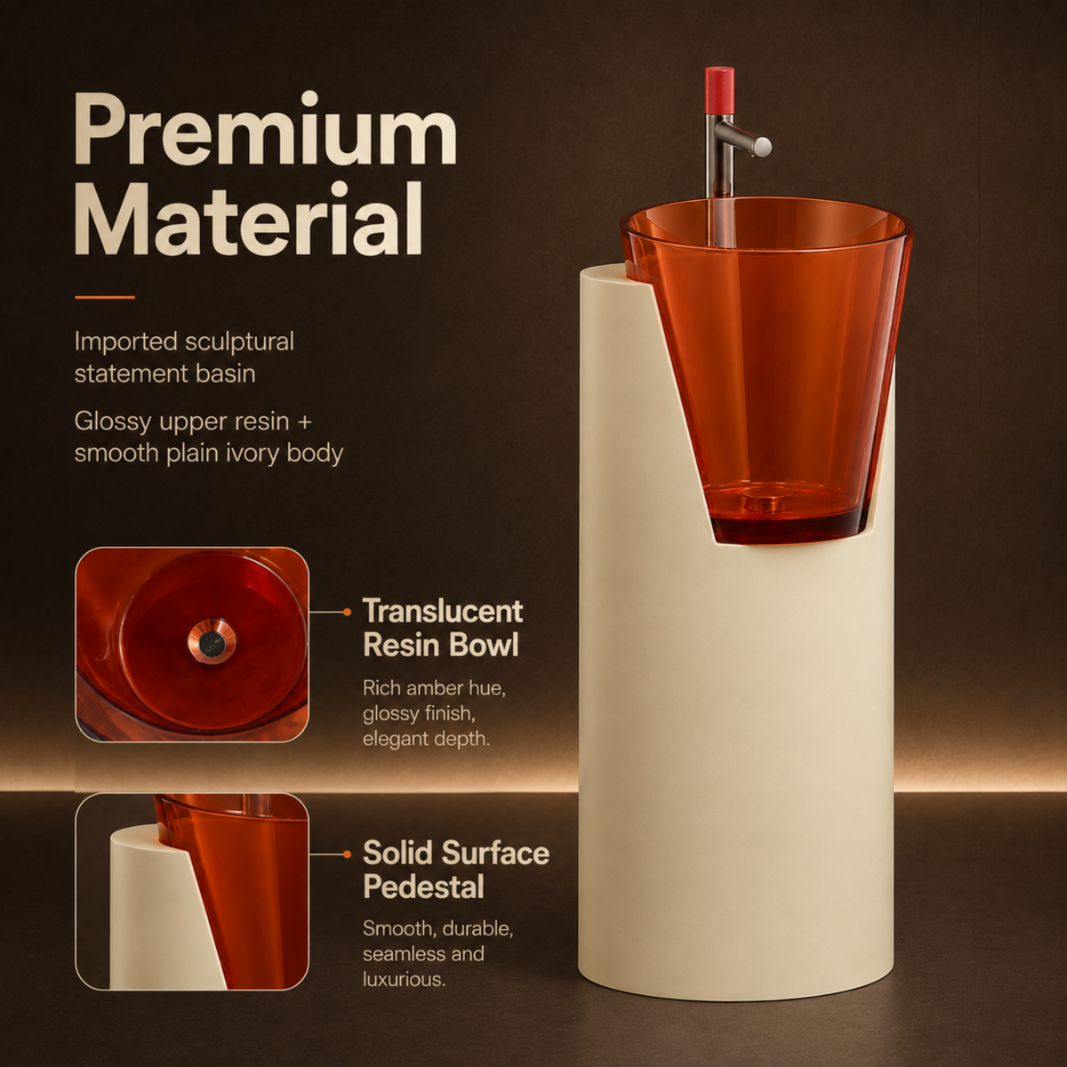 Novera Global Crest Luxury Freestanding Pedestal Wash Basin | 10-Years Warranty | Resin & Solid Surface Floor Standing Designer Bathroom Sink with Translucent Red Bowl | Drainer Included, 400 × 467 × 900 mm