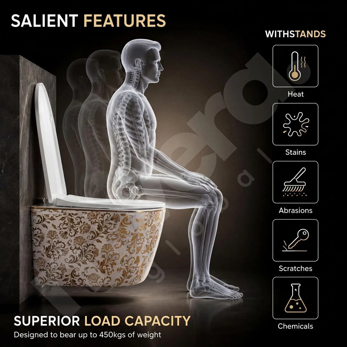 Toilet with a human skeleton model sitting on it, highlighting durability features.