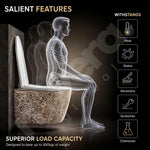 Toilet with a human skeleton model sitting on it, highlighting durability features.