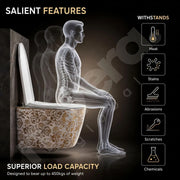 Toilet with a human skeleton model sitting on it, highlighting durability features.