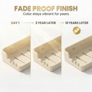 Soap dish showing fade proof finish with time progression from Day 1 to 3 years later and 10 years later.