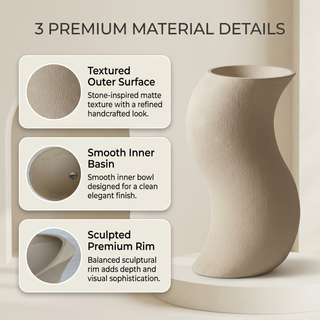 Novera Global Sway Freestanding Pedestal Wash Basin | 10-Years Warranty | Roca Series Artificial Stone Floor Standing Designer Basin | Luxury Pedestal Basin Bathroom Sink in Japanese Shape | Textured Matte Ivory Finish