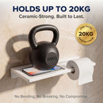 Wall-mounted shelf holding a 20kg kettlebell, phone, and toilet paper with text about its strength.