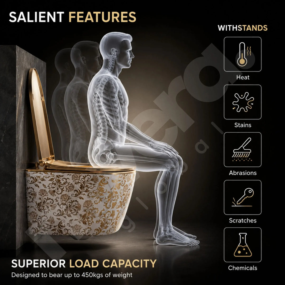 Tokyo Wall Hung Western Toilet | Ceramic Wall Mounted Commode with UF Soft Close Seat (Gold & White) – Novera Global Novera Global