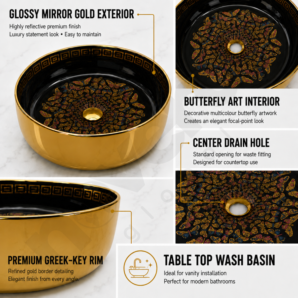 Novera Global onyxwing Ceramic Table Top Wash Basin | Round Countertop Basin with Butterfly Art | 5-Year Warranty | Glossy Black Interior & Mirror Gold Exterior, Above Counter Vessel Sink for Bathroom Vanity, Countertop Wash Bowl (Gold & Black)