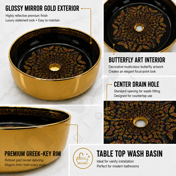 Novera Global Onyxwing Ceramic Table Top Wash Basin with Butterfly Design, Round Countertop Vessel Sink, Mirror Gold Exterior & Glossy Black Interior, 5-Year Warranty Novera Global