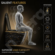 Toilet seat with a human skeleton illustration and durability features on a dark background