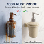 Comparison of an ordinary rusted soap dispenser and a Novera soap dispenser on a tiled wall.