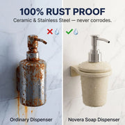 Comparison of an ordinary rusted soap dispenser and a Novera soap dispenser on a tiled wall.