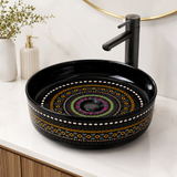 Novera Global Designer Ceramic Table Top Wash Basin | Round Above Counter Vessel Sink for Bathroom Vanity | 5-Years Warranty | Mandala Art Countertop Wash Bowl | Glossy Finish Wash Basin (BLACK)